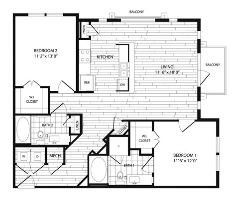 Floor plan for 2 beds, 2 baths, 1119 sqft